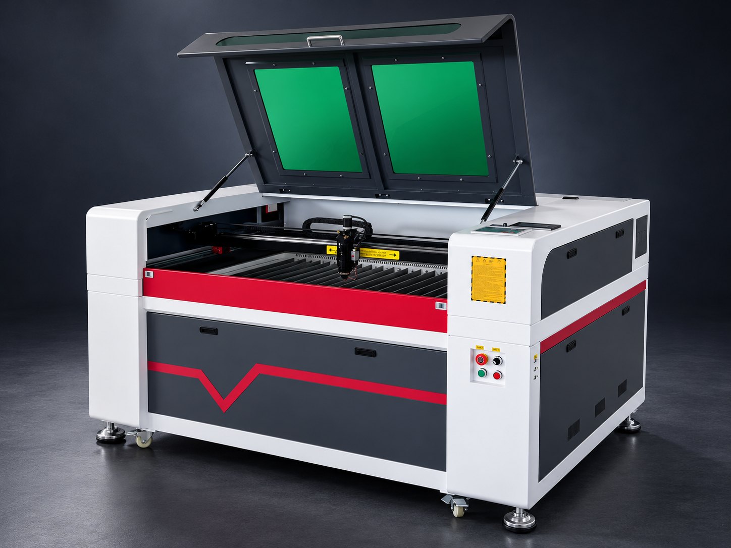 CNC láser CO₂ 90x60 de 100W en tres cuartos, con la tapa abierta