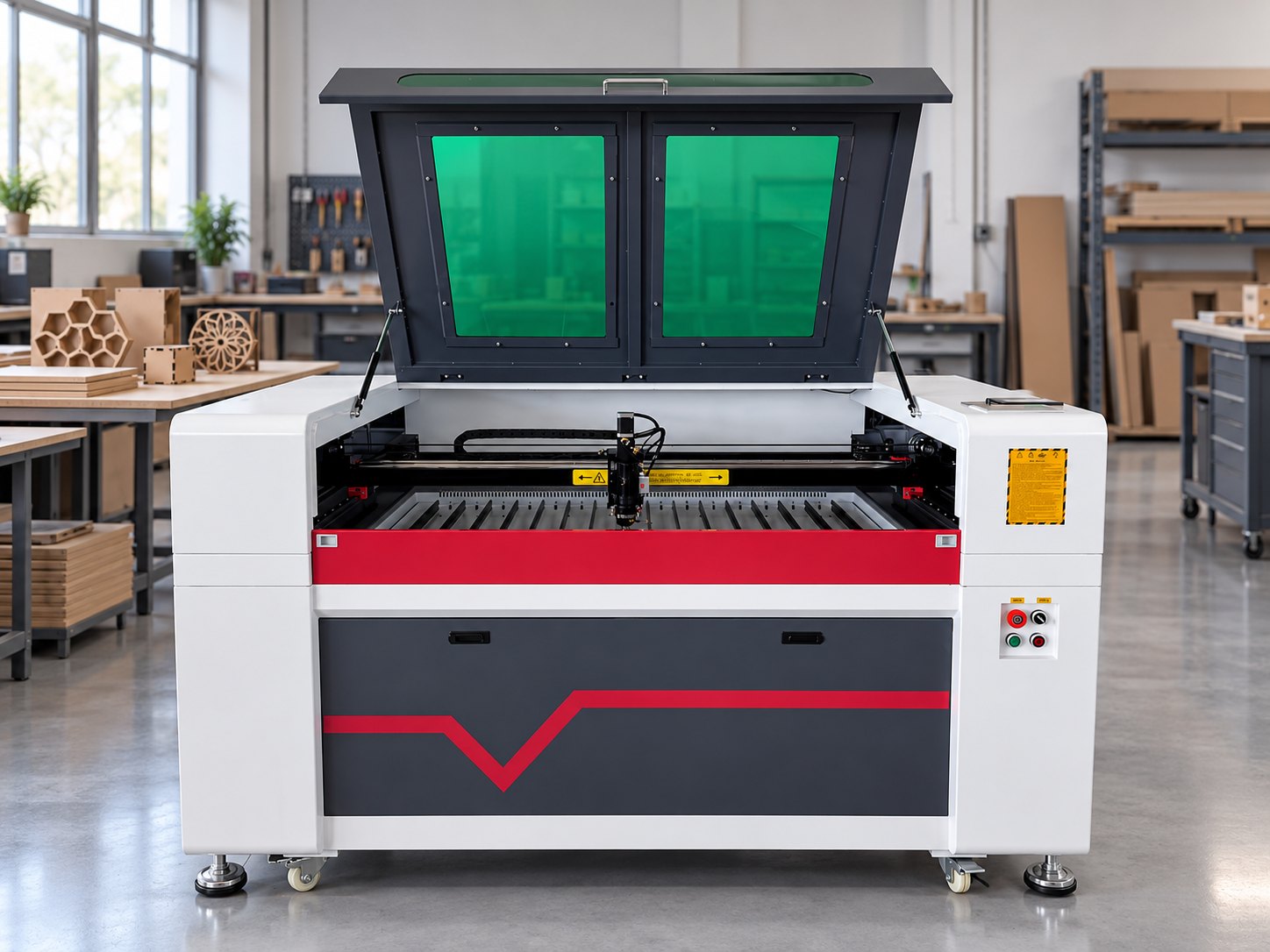 La CNC láser 90x60 instalada en un taller, junto a piezas cortadas en MDF